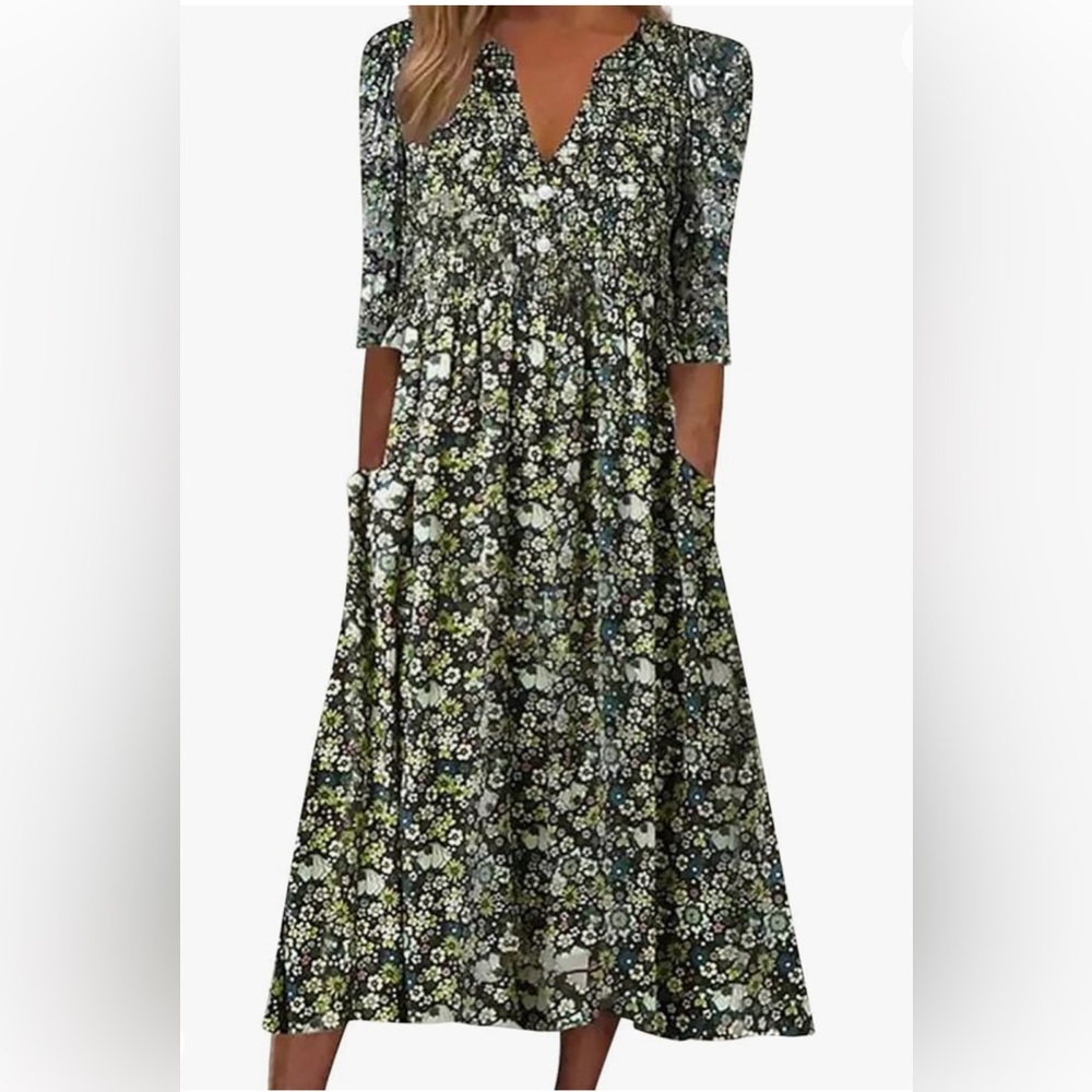 Noracora Short Sleeve Flair Midi Dress Floral with Pockets Women Size Medium
